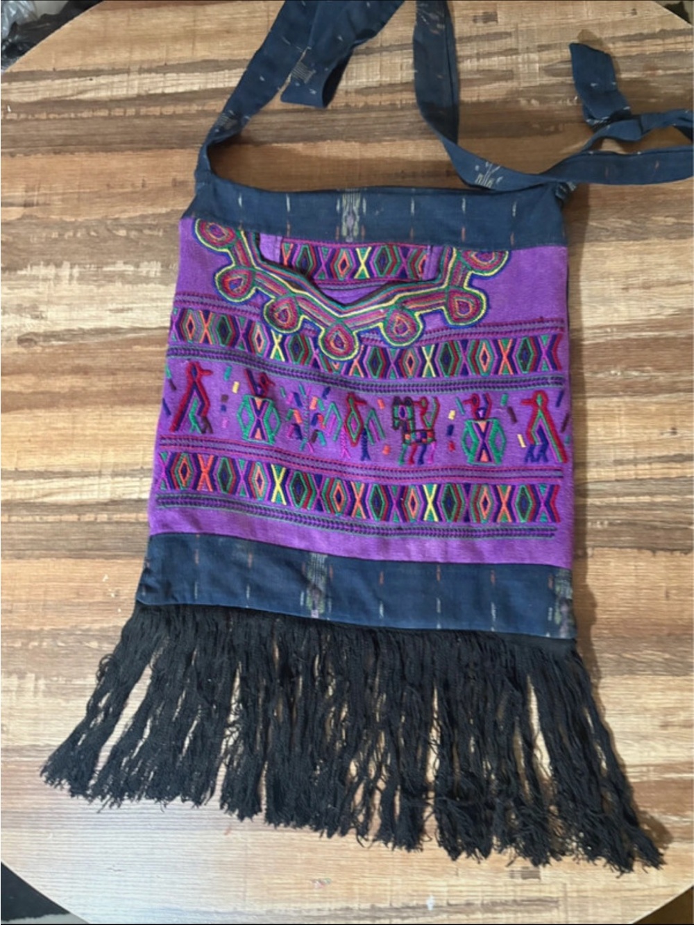 Boho Embroidered Purple Crossbody Bag with Fringe